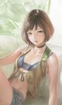  arata_yokoyama bare_shoulders bikini_top bob_cut breasts brown_eyes brown_hair character_request choker lips original short_hair sitting small_breasts solo vest 