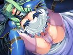  1girl andou_tomoya armor ass blush breasts breasts_outside cameltoe gag gagged game_cg garter_straps green_hair highres himekishi_olivia inoino large_breasts legs long_hair looking_at_viewer lying nakano_sora olivia_lindegald panties purple_eyes solo spread_legs thighhighs thighs underwear wet 