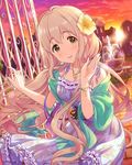  artist_request bag blush bracelet brown_hair building cloud floral_print flower fountain hair_flower hair_ornament idolmaster idolmaster_cinderella_girls jewelry long_hair looking_at_viewer necklace official_art outdoors parted_lips pavement saionji_kotoka sky solo source_request sunset very_long_hair 