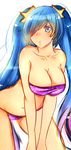  aqua_hair artist_request bikini blue_eyes blue_hair breast_squeeze breasts faux_traditional_media gradient_hair highres large_breasts league_of_legends leaning_forward long_hair midriff multicolored_hair solo sona_buvelle swimsuit twintails v_arms very_long_hair 