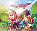  2girls amy_rose bad_id bad_pixiv_id big_the_cat chao_(sonic) cheese_(sonic) cream_the_rabbit dress furry multiple_girls naoko_(juvenile) orange_dress panties plant rain red_dress smile sonic_the_hedgehog underwear upskirt wet white_panties 