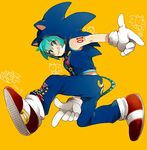  animal_hood aqua_eyes aqua_hair bad_id bad_pixiv_id cameo chibi chibi_inset commentary_request cosplay gloves grin hatsune_miku hood hoodie naoko_(juvenile) project_diva_(series) project_diva_extend shoes smile sneakers sonic sonic_(cosplay) sonic_the_hedgehog vocaloid yellow_background 