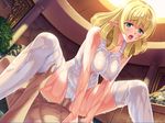  1girl andou_tomoya areolae blonde_hair blue_eyes breasts cameltoe censored elf game_cg girl_on_top highres himekishi_olivia inoino large_breasts laura_elfinrine legs long_hair looking_away lying nakano_sora nipples open_mouth penis pointy_ears sex sitting sitting_on_person swimsuit thighs wet white_legwear 