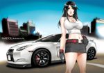  black_hair breasts building car cleavage fei_(maidoll) gloves ground_vehicle large_breasts long_hair motor_vehicle nissan nissan_gt-r original red_eyes solo 