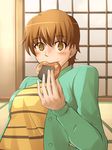  blush brown_eyes brown_hair eating fate/stay_night fate_(series) fujimura_taiga masapeko senbei short_hair solo 