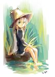  blonde_hair bow green_eyes hair_bow hair_ornament hat impressionism long_sleeves moriya_suwako plant shirt short_hair silence_girl sitting skirt skirt_set smile soaking_feet solo touhou turtleneck vest water wide_sleeves 