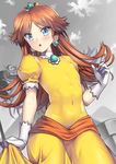  abs blue_eyes blush brown_hair covered_navel covered_nipples crown dress earrings flat_chest flipped_hair gloves hair_twirling jewelry long_hair mario_(series) nagase_haruhito open_mouth princess_daisy puffy_short_sleeves puffy_sleeves short_sleeves solo super_mario_bros. super_mario_land toned white_gloves yellow_dress 