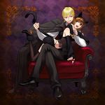  1girl animal_ears blonde_hair brown_eyes brown_hair cape cat_ears chair detached_sleeves easy_chair fate/extra fate/extra_ccc fate_(series) gilgamesh kishinami_hakuno_(female) licking_lips lilianess midriff tail_pull thighhighs tongue tongue_out 