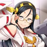  adjusting_eyewear black_eyes black_hair blush cosplay detached_sleeves glasses haruichi headgear idolmaster idolmaster_cinderella_girls kantai_collection kirishima_(kantai_collection) kirishima_(kantai_collection)_(cosplay) long_hair looking_at_viewer machinery nontraditional_miko semi-rimless_eyewear smile solo trainer_(idolmaster) under-rim_eyewear upper_body window yellow-framed_eyewear 