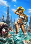  1girl 2011 :d ? armor bait beach bikini blonde_hair blue_eyes blush breasts clam cloud dark_skin day goggles goggles_on_head jagged_rocks kelwin_grissom maxa' monster navel net open_mouth outdoors pearl red_eyes seashell sharp_teeth shell shorts shoulder_pads silver_hair sky small_breasts smile swimsuit sword teeth tentacles tild_-_mage_a_louer tild_framith wading water weapon wet white_bikini 