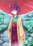  bob_cut flower hieda_no_akyuu hydrangea japanese_clothes kimono light_smile oriental_umbrella purple_eyes purple_hair rain shiroshi_(denpa_eshidan) solo touhou umbrella 