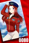  beret blue_eyes christina_mackenzie female gloves gundam gundam_0080 hat long_hair military military_uniform red_hair solo uniform 