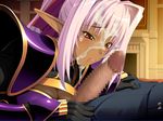  1girl andou_tomoya armor blush breasts censored cum cum_on_hair dark_skin elf facial game_cg highres himekishi_olivia inoino large_breasts long_hair looking_down lying nakano_sora penis pointy_ears ponytail purple_hair red_eyes saliva teresa_keltula 