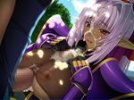  1girl andou_tomoya areolae armor blush breast_squeeze breasts censored cum cum_in_clothes cum_on_body cum_on_breasts cum_on_hair cum_on_upper_body cum_through_clothes dark_skin elf erect_nipples facial game_cg highres himekishi_olivia huge_penis inoino large_breasts long_hair nakano_sora nipples open_mouth paizuri paizuri_under_clothes penis pointy_ears ponytail purple_hair red_eyes sky standing teresa_keltula tree trees 