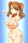  bikini blue_background breasts brown_hair cleavage covered_nipples cowboy_shot crossed_arms detached_collar gundam gundam_build_fighters gundam_build_fighters_try hagiya_masakage halftone halftone_background heart large_breasts looking_at_viewer micro_bikini sazaki_kaoruko side-tie_bikini smile solo spoken_heart strap_gap swimsuit twintails white_bikini yellow_eyes 