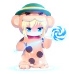  :&lt; amagi_brilliant_park animal_costume artoria_pendragon_(all) blonde_hair blue_eyes bonta-kun candy chibi closed_mouth commentary cosplay crossover fate/stay_night fate_(series) food full_metal_panic! haribote_(tarao) hat kawasumi_ayako kigurumi lollipop looking_at_viewer moffle moffle_(cosplay) parody saber season_connection seiyuu_connection solo swirl_lollipop v-shaped_eyebrows 