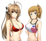  amagi_brilliant_park antenna_hair bikini blue_eyes breasts brown_hair cleavage covered_nipples crossover gundam gundam_build_fighters gundam_build_fighters_try highres hoshino_fumina kenken large_breasts long_hair looking_at_viewer midriff multiple_girls navel o-ring o-ring_bottom o-ring_top red_bikini scrunchie season_connection sento_isuzu short_hair simple_background sports_bra swimsuit white_background 