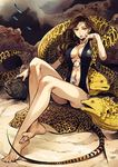  1girl animal breasts brown_hair cleavage earrings fish jewelry large_breasts makeup moray stingray swimsuit tail ttk_(ehohmaki) underwater 