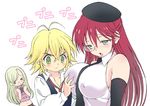  &gt;_&lt; 2girls :o asami_lilith bare_shoulders blonde_hair blue_eyes blush breast_grab breasts closed_eyes covered_nipples crossover elizabeth_liones grabbing green_eyes groping hair_over_one_eye hat hogeroh large_breasts long_hair meliodas multiple_girls nanatsu_no_taizai navel open_mouth red_hair season_connection short_hair sideboob silver_hair skirt trinity_seven 