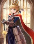  ahoge armor armored_dress artoria_pendragon_(all) blonde_hair cape crown dress excalibur fate/stay_night fate_(series) green_eyes hair_ribbon highres okitsugu ribbon saber smile solo weapon 