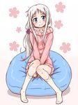  ano_hi_mita_hana_no_namae_wo_bokutachi_wa_mada_shiranai. blue_eyes blush honma_meiko kneehighs long_hair looking_at_viewer pajamas punto side_ponytail silver_hair sitting smile socks solo 