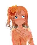  bare_shoulders blue_eyes blush brown_hair crying crying_with_eyes_open earrings flower hair_flower hair_ornament hoshino_ouka jewelry kousaka_honoka looking_at_viewer love_live! love_live!_school_idol_project one_side_up orange_hair proposal ring short_hair smile tears white_background 