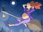  1girl blue_eyes broom broomstick cat earrings flying halloween jewelry lantern majo_no_takkyuubin necklace pregnant red_hair senior_witch_(majo_no_takkyuubin) smile solo studio_ghibli tenseiani witch 
