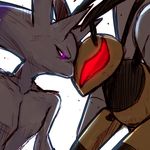  beedrill glowing glowing_eyes insect kuresento mega_beedrill mega_mewtwo_y mega_pokemon mewtwo no_humans pokemon standoff 