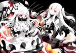  aircraft_carrier_hime breasts cleavage covered_mouth dress enemy_aircraft_(kantai_collection) glowing glowing_eyes horns kantai_collection large_breasts long_hair looking_at_viewer machinery midway_hime mittens miyasu_risa multiple_girls one_side_up pale_skin red_eyes sakurazawa_izumi shinkaisei-kan skirt torn_clothes torn_skirt very_long_hair white_dress white_hair white_skin 