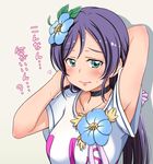  adjusting_hair arm_up armpits blush green_eyes hoshino_ouka long_hair looking_at_viewer love_live! love_live!_school_idol_project purple_hair solo sweatdrop toujou_nozomi translated twintails 