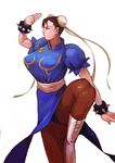  bad_id bad_pixiv_id bayashiko bracelet breasts brown_hair bun_cover china_dress chinese_clothes chun-li double_bun dress fighting_stance highres jewelry large_breasts nose pantyhose pelvic_curtain sash short_hair solo spiked_bracelet spikes standing standing_on_one_leg street_fighter thick_thighs thighs 