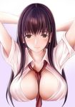  anegasaki_nene arms_behind_head arms_up bad_id bad_pixiv_id between_breasts black_hair blush breasts brown_eyes cleavage large_breasts light_smile long_hair looking_at_viewer love_plus nannacy7 necktie necktie_between_breasts open_clothes open_shirt shirt short_sleeves simple_background solo upper_body 