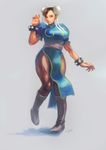 bad_id bad_pixiv_id bayashiko bracelet breasts brown_hair bun_cover china_dress chinese_clothes chun-li curvy double_bun dress earrings full_body highres jewelry large_breasts pantyhose pelvic_curtain sash short_hair solo spiked_bracelet spikes standing street_fighter 