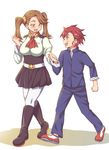  1girl akihazama bad_id bad_pixiv_id blush boots breasts brown_eyes brown_hair gundam gundam_build_fighters gundam_build_fighters_try hair_ornament height_difference hetero high-waist_skirt holding_hands kamiki_sekai large_breasts long_hair pantyhose red_eyes red_hair sazaki_kaoruko school_uniform short_hair skirt sleeves_rolled_up smile twintails walking 