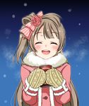  blush bow brown_hair can closed_eyes coat hair_bow hoshino_ouka long_hair love_live! love_live!_school_idol_project minami_kotori mittens one_side_up open_mouth smile solo steam 