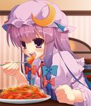  1girl blush bow chorizo crescent eating food hair_bow hat long_hair open_mouth pasta patchouli_knowledge purple_eyes purple_hair solo spaghetti touhou 