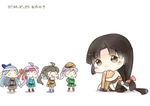  601_air_group_pilot_(kantai_collection) ahoge bad_id bad_pixiv_id black_hair blue_hair brown_eyes chibi egusa_squadron_pilot_(kantai_collection) fairy_(kantai_collection) hat headband hinata_yuu kantai_collection leg_hug long_hair multiple_girls pleated_skirt ponytail purple_hair shouhou_(kantai_collection) sitting size_difference skirt suisei_(kantai_collection) very_long_hair 
