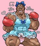  abs bad_id bad_pixiv_id blue_dress blush bow boxing_gloves buzz_cut crossdressing dark_skin dark_skinned_male doboshiru dress fighting_stance hair_bow heart lips m_bison male_focus muscle panties pantyshot pantyshot_(standing) pink_hair skin_tight solo standing street_fighter thick_thighs thighs translation_request underwear veins very_dark_skin 