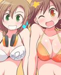  ;d bad_id bad_pixiv_id bikini brown_eyes brown_hair celebi_ryousangata colorized green_eyes grin headphones headphones_around_neck honda_mio idolmaster idolmaster_cinderella_girls multiple_girls one_eye_closed open_mouth short_hair side-by-side smile swimsuit tada_riina 