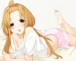  bare_legs bare_shoulders barefoot blush brown_hair drooling forehead futaba_anzu high_ponytail idolmaster idolmaster_cinderella_girls long_hair looking_at_viewer lying navel off_shoulder on_stomach open_mouth pink_eyes polka_dot polka_dot_background polka_dot_shorts ratsuku_kinoko shirt shorts solo t-shirt tied_hair twintails wrist_grab 