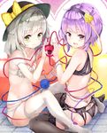  ass black_legwear blush bow bra fishnets garter_belt hair_ornament hairband hat highres komeiji_koishi komeiji_satori lingerie looking_at_viewer multiple_girls open_mouth panties purple_eyes purple_hair short_hair siblings silver_hair sisters smile thighhighs third_eye touhou underwear underwear_only white_legwear white_panties yukizumi_remon 