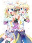  1girl aqua_eyes arihara_ema bass_clef blonde_hair breasts brother_and_sister elbow_gloves gloves headset kagamine_len kagamine_rin navel no_pupils open_mouth short_hair siblings small_breasts thighhighs treble_clef vocaloid 