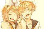  1girl 62_(0_62) blonde_hair blush brother_and_sister closed_eyes hair_ornament hairclip holding_hands kagamine_len kagamine_rin open_mouth sailor_collar short_hair siblings smile twins vocaloid 