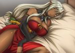  antenna_hair bare_shoulders bed bol_(liliymimi) breasts dark_elf dark_skin detached_sleeves elf highres large_breasts long_hair lying nitroplus on_side pink_eyes pointy_ears sansei_muramasa silver_hair solo soukou_akki_muramasa 