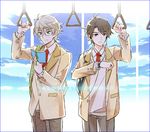  aldnoah.zero backpack bag brown_eyes brown_hair earphones glasses green_eyes kaizuka_inaho male_focus multiple_boys naguy_(nagui) reading school_uniform silver_hair slaine_troyard uniform watch 