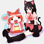  animal_ears black_hair cat cat_paws commentary fire gum_(gmng) hair_ornament hairclip happi haramaki headband hikari_(pokemon) japanese_clothes jibanyan multiple_tails notched_ear nyaakb paws pokemon skirt tail tail-tip_fire two_tails youkai youkai_watch 