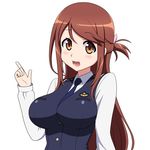  blush breasts brown_eyes brown_hair bryanz09 iida_nana index_finger_raised large_breasts long_hair looking_at_viewer necktie open_mouth rail_wars! simple_background smile solo white_background 