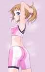  ass bare_shoulders bike_shorts blue_eyes breasts brown_hair covered_nipples from_behind gundam gundam_build_fighters gundam_build_fighters_try hoshino_fumina k10k large_breasts looking_at_viewer looking_back midriff open_mouth ponytail purple_background scrunchie short_hair solo sports_bra 