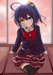  black_hair blue_eyes chuunibyou_demo_koi_ga_shitai! eyepatch eyepatch_pull eyepatch_removed heterochromia highres one_side_up school_uniform shi_ecchi short_hair sitting takanashi_rikka thighhighs yellow_eyes 