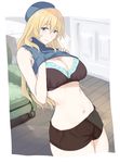  atago_(kantai_collection) black_bra black_panties blonde_hair blue_eyes bra breasts cleavage hat kantai_collection large_breasts long_hair navel ogros panties shirt_lift sleeveless sleeveless_turtleneck smile solo turtleneck underwear 